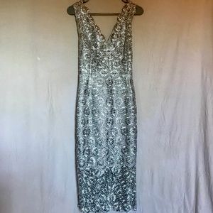 Topshop Metallic lace Plunge midi dress